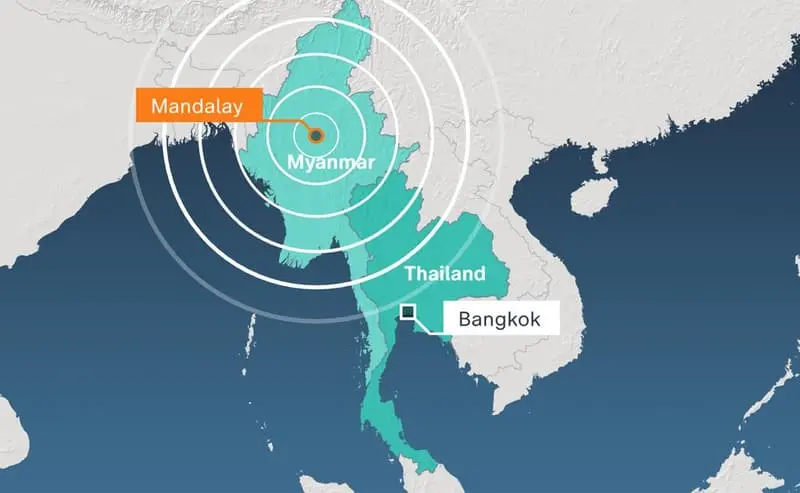 Karte von Myanmar und Thailand mit markiertem Epizentrum des Erdbebens bei Mandalay.