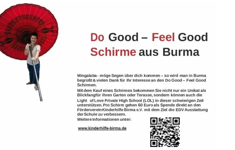 Faltblatt der Aktion Do Good, Feel Good: Schirme aus Burma, mit einer Frau unter einem roten Schirm.
