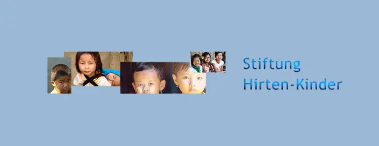Logo der Stiftung Hirten-Kinder mit Kinderporträts auf hellblauem Grund.