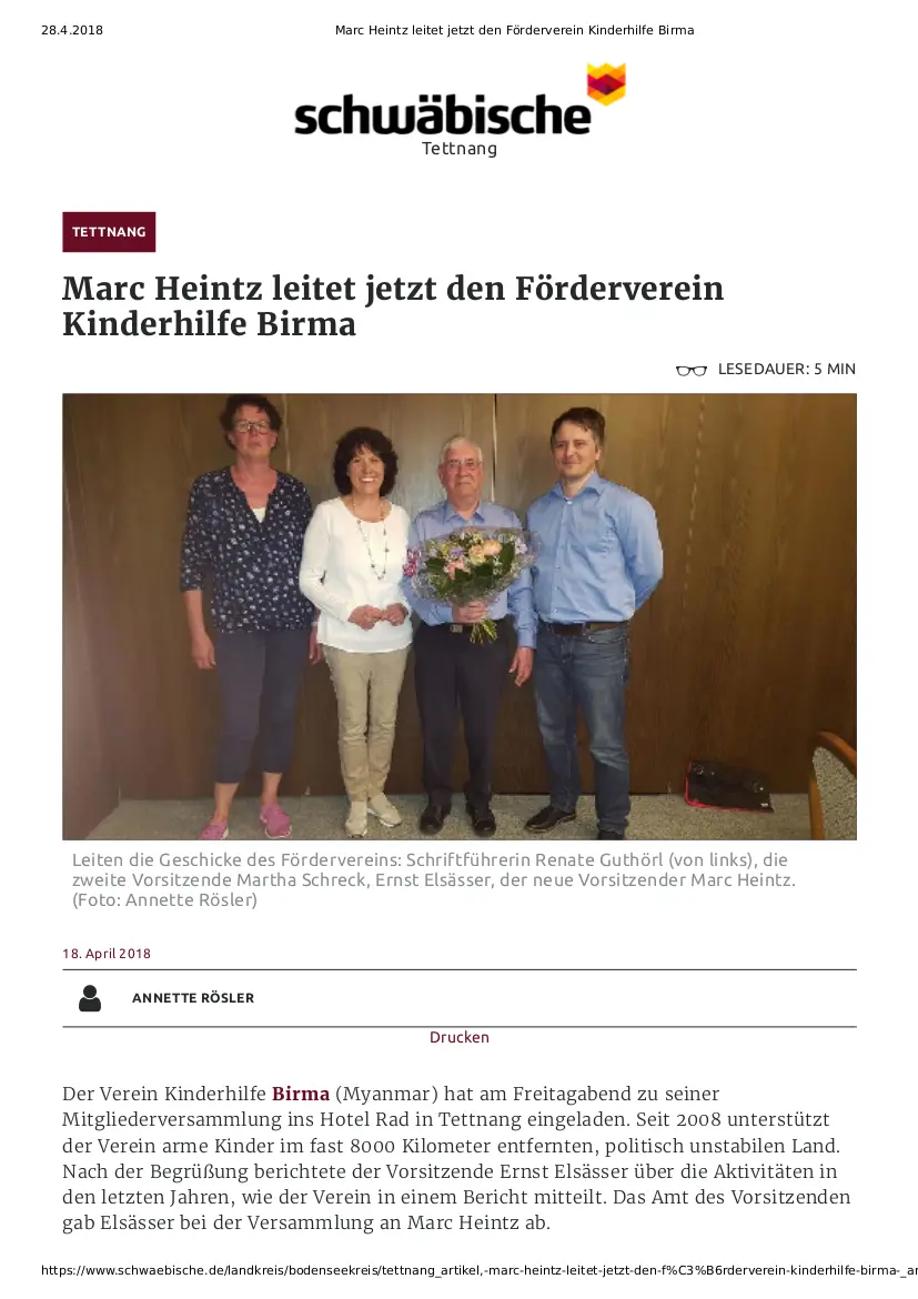 Zeitungsartikel der Schwäbischen Zeitung: Marc Heintz leitet jetzt den Förderverein Kinderhilfe Birma.