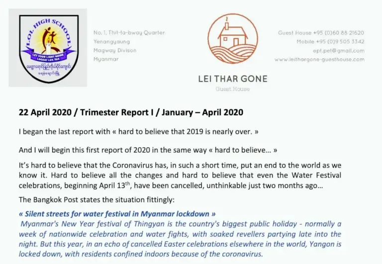 Erste Seite des Trimester Reports I/2020 der Light of Love School in englischer Sprache.