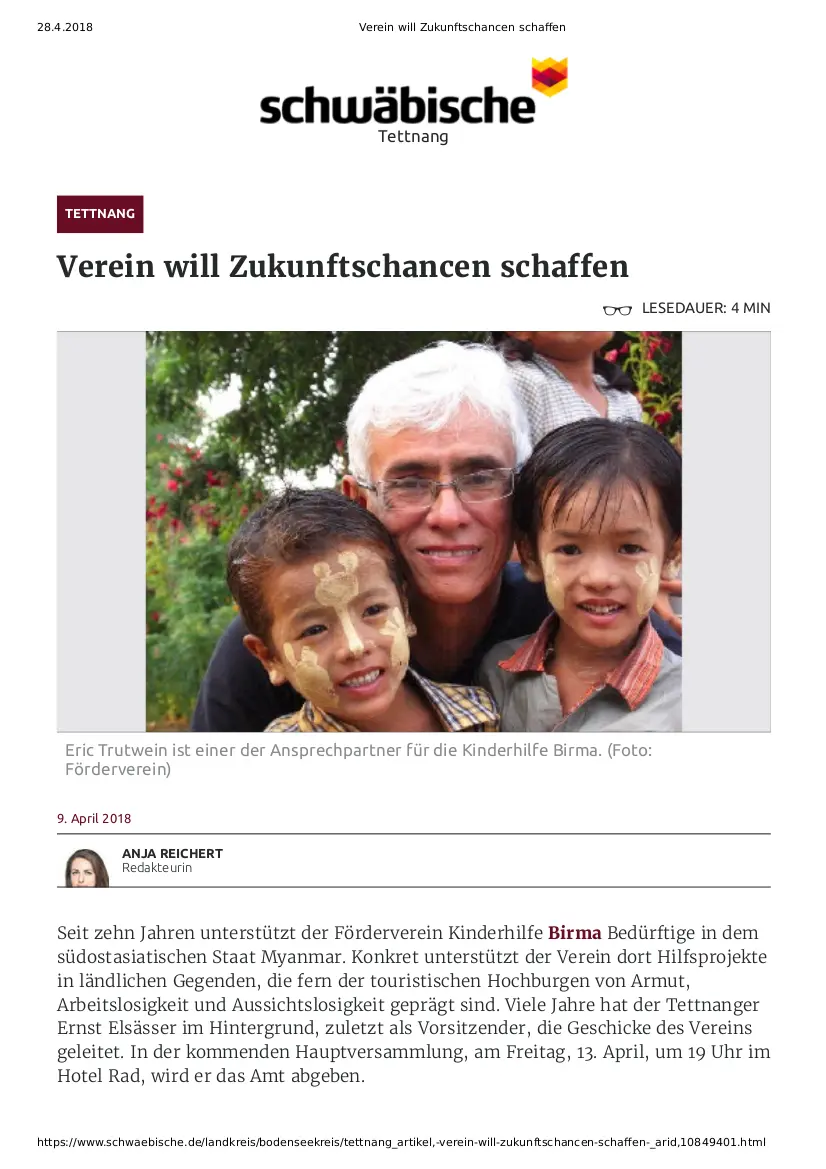 Zeitungsartikel der Schwäbischen Zeitung mit der Überschrift Verein will Zukunftschancen schaffen.